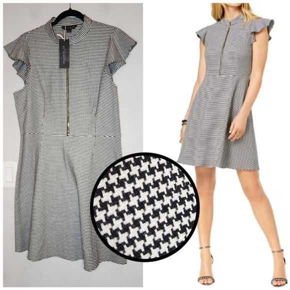 NWT Rachel Zoe Flutter Sleeve A-Line Dress Black White Plaid Houndstooth Size 14 - Picture 1 of 15